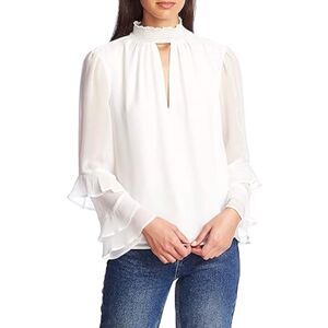 1.State White Sheer Smocked Mock Neck Ruffled Sleeve Blouse Size S
